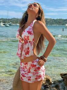 Bonvoyette Women's Floral Print Bowknot Backless Ruffle Mesh Skirt Swimsuit Set, Spring/Summer - White - View 3