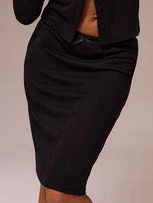 MUSERA ESSENTIALS Pointelle Low Rise Loose Fit Elasticated Waist Midi Skirt Coord Bottom Only Spring Winter Cosy Cute Daily Girly Lounge Essential - Black - View 5