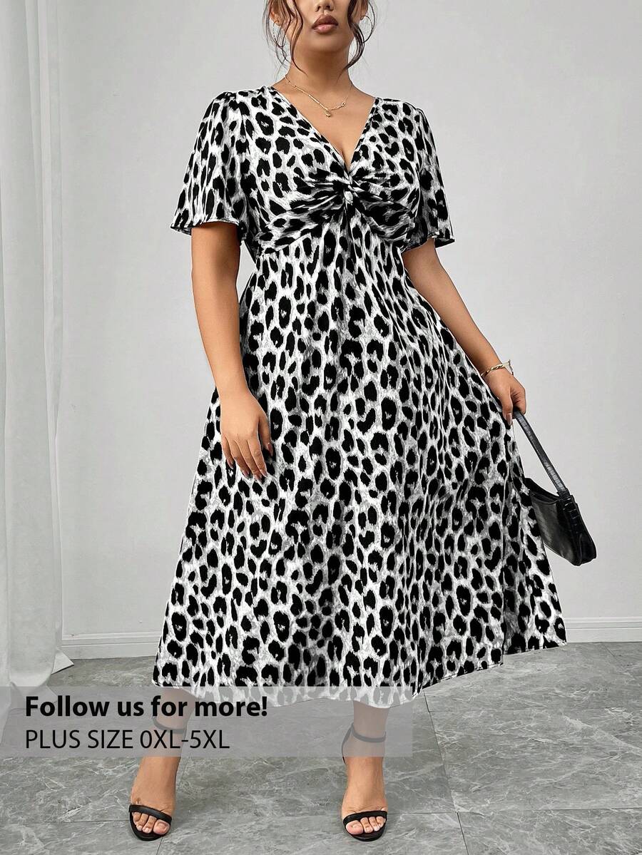 Firerie Plus Size Fall Vintage Leopard Print Short Sleeve Kink Cinched Waist Dress - Black and White - View 1