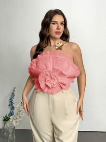 SHEIN Privé 大码褶皱紧身衬衫，适合度假、约会、派对、海滩、春夏穿着 - 粉色 - 查看 8