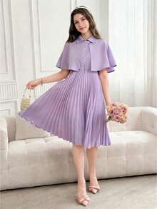 SHEIN 2件套复古优雅披肩领褶裥下摆连衣裙配衬衫，适合青少年女孩 - 淡紫色 - 查看 6