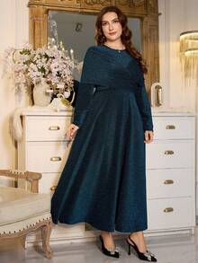 Modelyn Đầm chữ A cổ tròn tay dài viền chỉ vàng và bạc thanh lịch cỡ lớn, phù hợp cho mùa xuân và mùa thu - Màu xanh lam - Xem 6