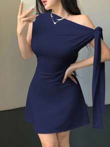 Bluhae Women's Asymmetric Tie-Up Waist Short Dress - Navy Blue - View 8