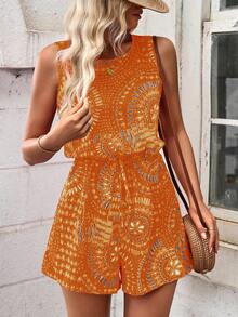 Breezaya All-Over Print Round Neck Casual Versatile Sleeveless Romper - Orange - View 5