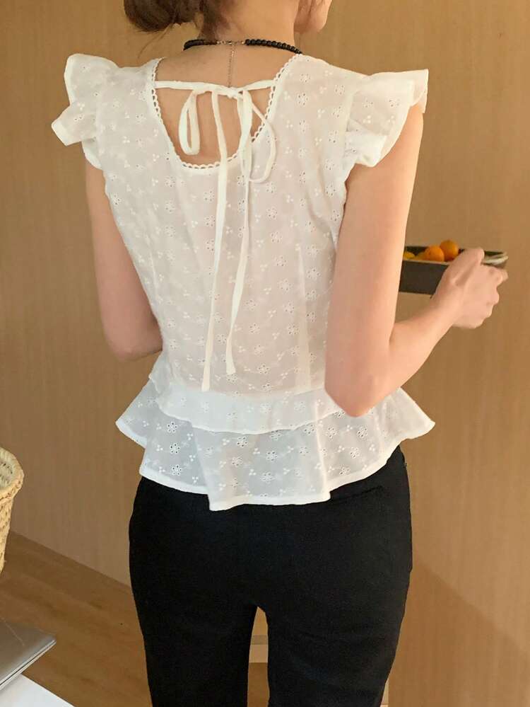 Women's Embroidered Button Decor Ruffle Hem Cap Sleeve Top Babydoll Top