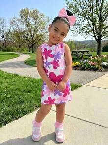 Young Girl Cute Floral Print Sleeveless Knit Crew Neck Casual Dress, Suitable For Spring/Summer - Multicolor - View 3