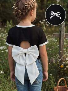 Emery Rose Kids Emery Rose Kids 女童针织纯色拼接修身露背短款上衣，露背设计，饰有O形环和大蝴蝶结，时尚法式优雅，适合返校季、Y2K风格、甜美别致的女性化风格。蝴蝶结衬衫，大蝴蝶结衬衫，可爱蝴蝶结衬衫，露背蝴蝶结衬衫，粉色蝴蝶结衬衫，露背蝴蝶结衬衫 - 黑與白 - 查看 4