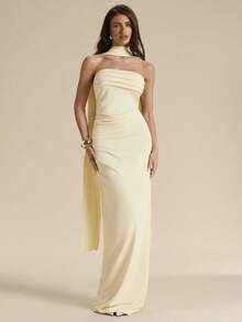 SHEIN BAE Women's Simple Elegant Solid Color Pleated Dress, Summer ,Summer Dress,Elegant Dress - Light Yellow - View 4