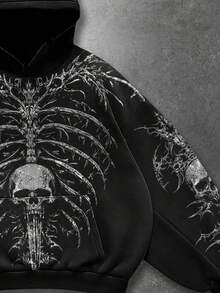 ROMWE MEN 男士休闲骷髅印花连帽衫，宽松版型 - 黑色 - 查看 3