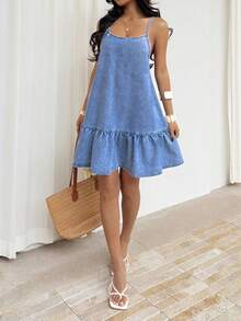 Sunnyshic 女士休闲露背牛仔吊带裙，适合度假和外出穿着 - 藍色 - 查看 6