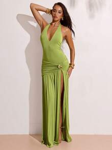 SHEIN BAE Đầm xanh trơn xẻ tà cao, đầm dài đi biển cổ yếm thanh lịch, đầm dệt kim modal, đầm sang trọng, trang phục dự tiệc cưới, đầm dự tiệc trưa. - màu xanh lá - Xem 4