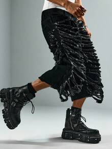 ROMWE MEN Street Life Men's Distressed Black Washed Denim Shorts - Black - View 1