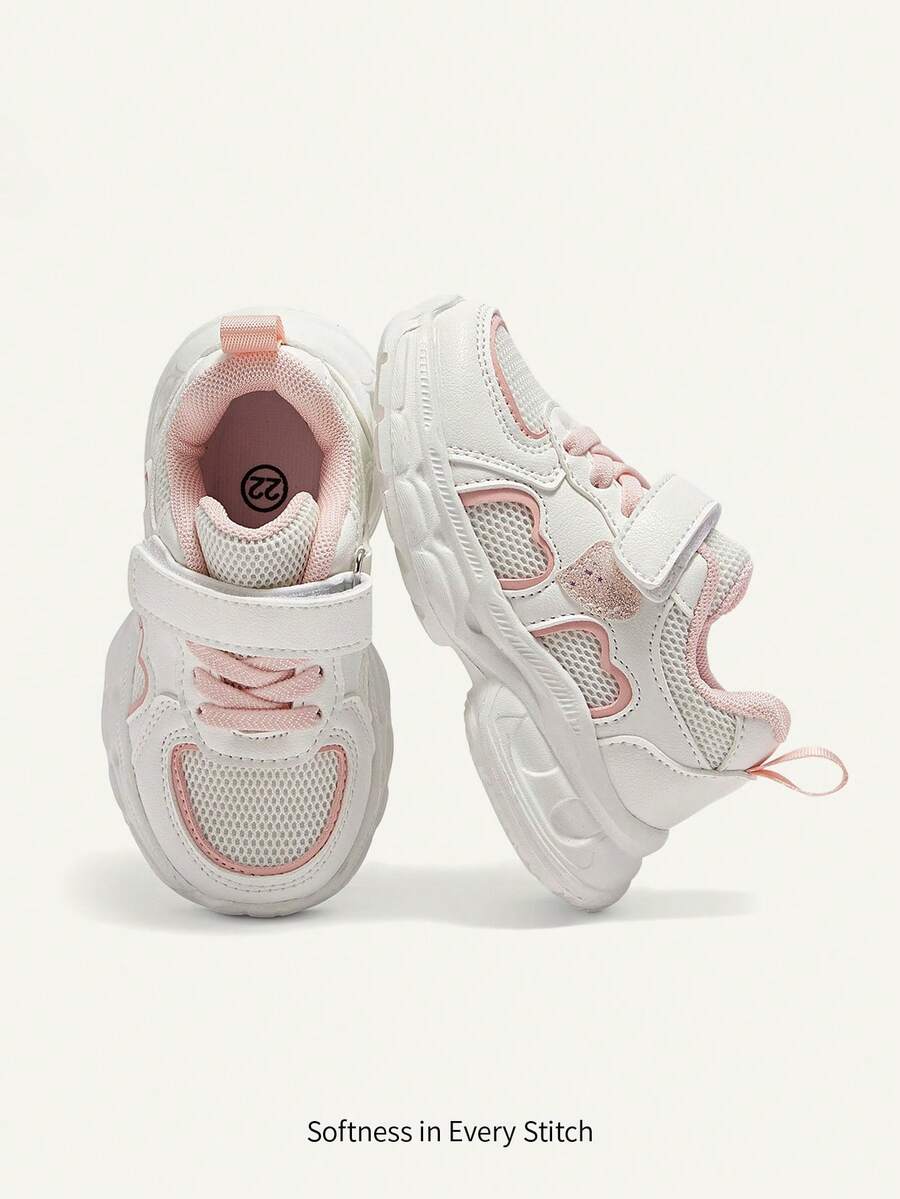 Cozy Pixies Spring / Summer Fashion Versatile Fun Cute Contrasting Colors Pink White Love Embroidery Soft Bottom Baby Sneakers College Style Mother's Day - White - View 1