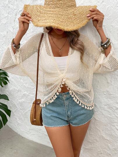 EMERY ROSE Blusa de mujer de manga larga con cuello en V profundo, decoración metálica, corte holgado, elegante y minimalista, adecuada para la playa, uso diario y protección solar