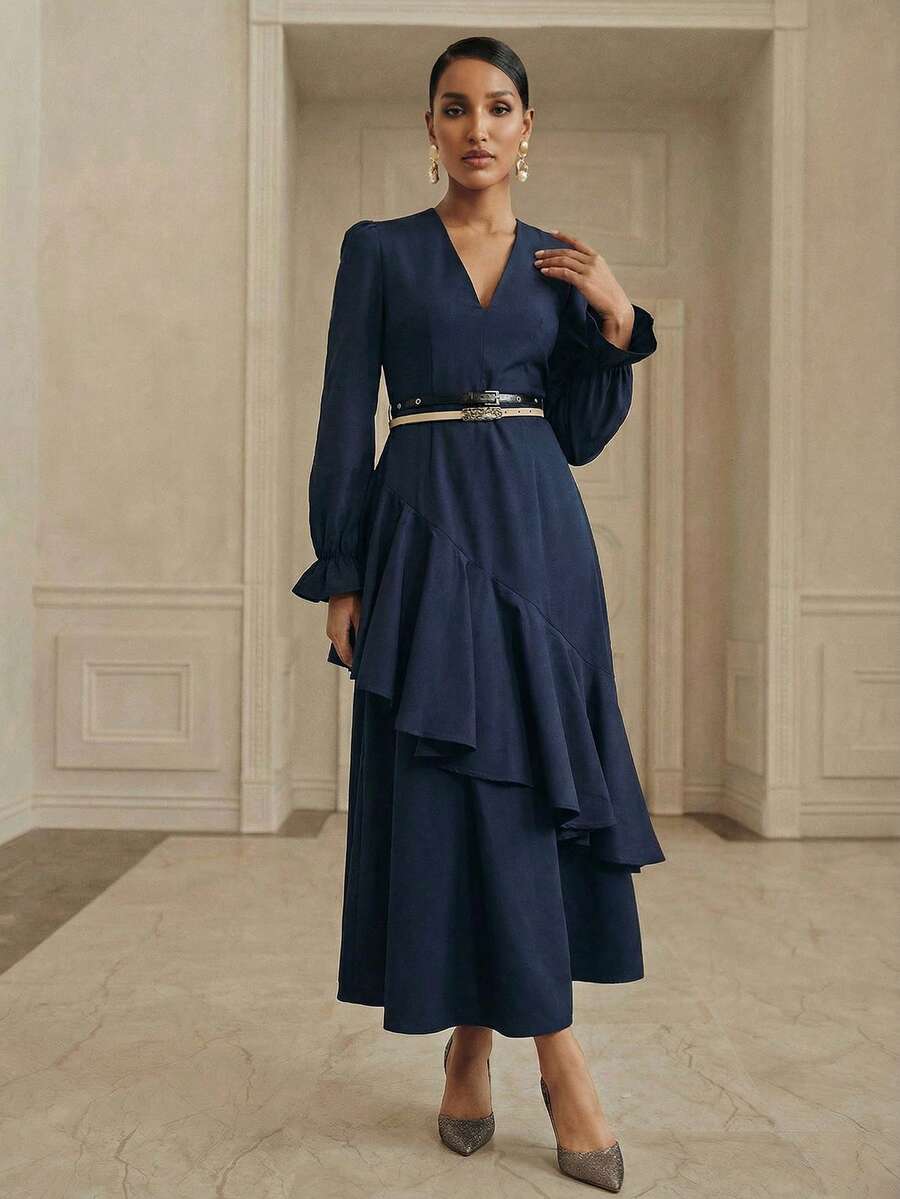 Anewsta Elegant Women's Double Ruffle Hem V-Neck Patchwork Dress - Navy Blue - View 1