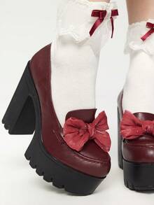 ROMWE Kawaii 女士性感派对及工作场合穿着的厚底粗跟高跟鞋，时尚春秋季鞋款，饰有水钻和蕾丝蝴蝶装饰，闭趾高跟玛丽珍鞋。 - 酒紅色 - 查看 3