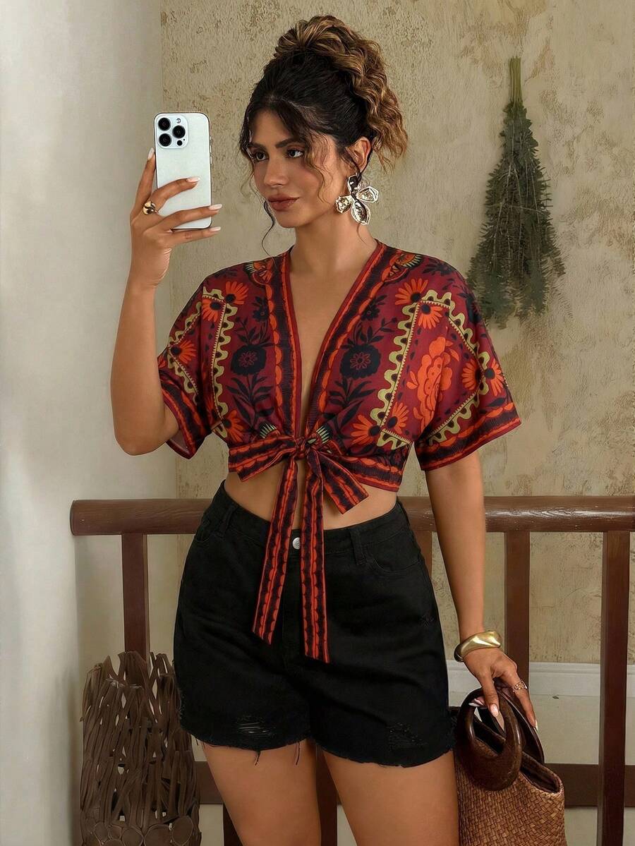 Travachic 大码女式夏季波西米亚风印花深V领系带露脐上衣 - 酒紅色 - 查看 1