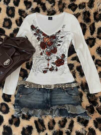Attitoon Women's Casual Vintage Long Sleeve Fitted T-Shirt, Deep V-Neck, Suitable For Y2K, Grunge, Heart Print, Rose Print