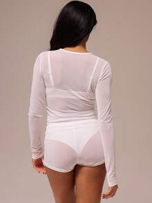 MUSERA ESSENTIALS Crewneck Long Sleeve Sheer Mesh Top Winter Spring Night Out Sexy Cute Mesh Fitted Essential - White - View 4