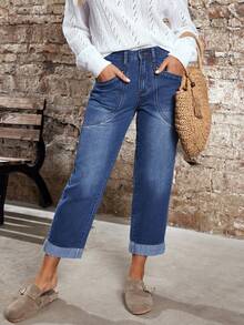 EMERY ROSE 女士休闲日常口袋纽扣牛仔裤 - 藍色 - 查看 6