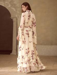 MOTF PREMIUM WOMEN'S FLORAL PRINT LAYERED RUFFLE HEM MID-LENGTH SLEEVE MOCK NECK MIDI DRESS, SPRING/SUMMER - Apricot - View 2