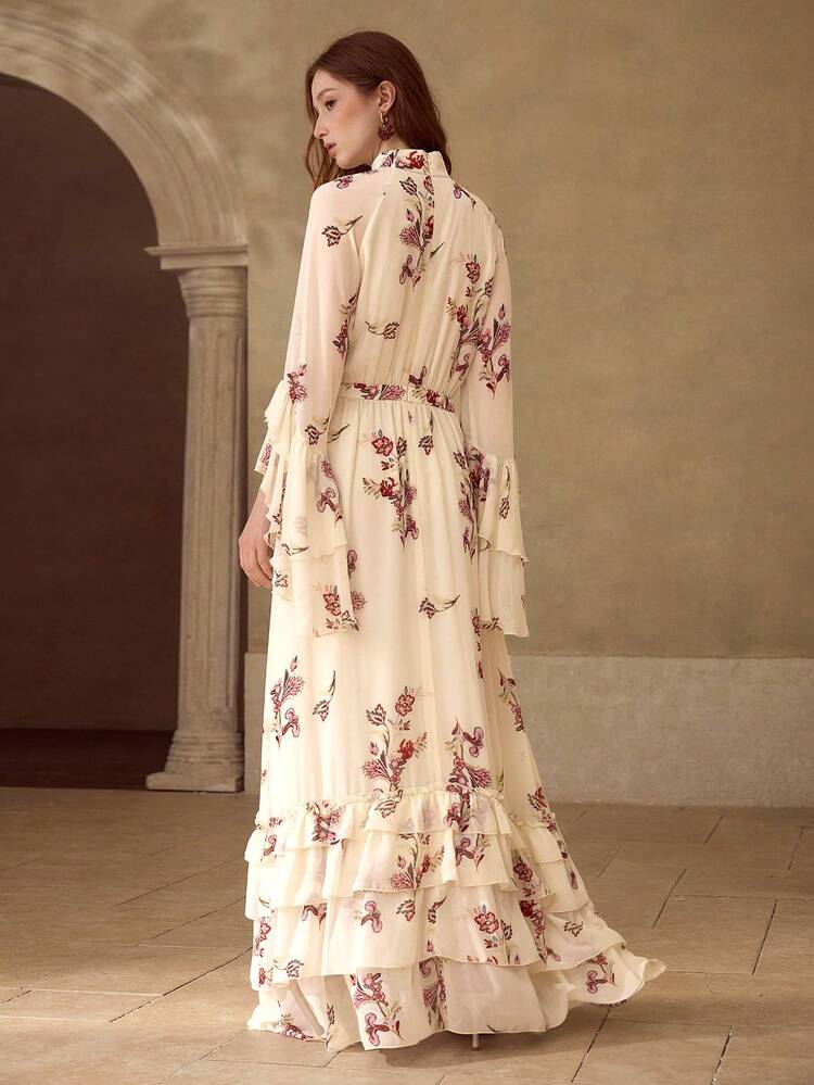 WOMEN'S FLORAL PRINT LAYERED RUFFLE HEM MID-LENGTH SLEEVE MOCK NECK MIDI DRESS, SPRING/SUMMER