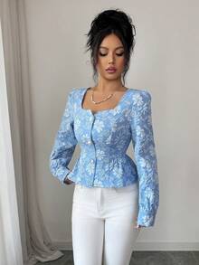 Rafferiza بلوزة أنيقة للنساء بياقة مربعة وأكمام طويلة وأزرار لؤلؤية مطوية، مناسبة للمناسبات - الأزرق - مشاهدة 4