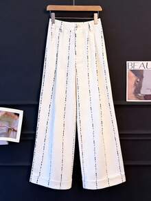 SHEIN ChicEase Women's Elegent Off-White Striped Straight Leg Pants,Vintage Casual Striped Clothes For Brunch,Autumn Spring/Summer Korean Style Fashion Clothes - Multicolor - View 3