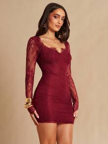 Silquee فستان طويل أنيق للنساء مع تصميم من الدانتيل والتطريز على الخصر، مناسب للحفلات والمناسبات والمواعيد والحفلات الزفاف وحفلات الشاطئ - عنابي اللون - مشاهدة 6