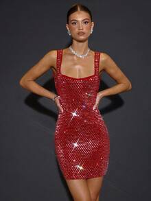 SHEIN BAE 秋季纯色卡其色水钻水晶闪亮吊带方领修身迷你连衣裙，优雅连衣裙，适合派对、夜店、鸡尾酒会、宴会、夜间外出、舞会、约会等场合。 - 紅色 - 查看 4