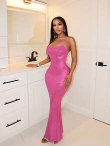 BamGleam 女士性感派对紧身鱼尾下摆吊带连衣裙 - 粉色 - 查看 4