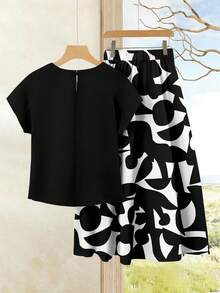 Rusticease 女士度假休闲纯色上衣+黑白几何印花图案半身裙套装（2件套），女士夏季服装，夏季半身裙套装，半身裙套装，女士半身裙套装，印花半身裙套装 - 彩色 - 查看 2