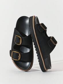 SHUZIA Women's Comfort Minimalist Buckled Double Band Flat Slip-On Sandals - Black - View 6