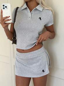 CovetEZ Women's Collared Button Half-Placket Embroidered Graphic Short Sleeve Top And Skirt Pants 2-Piece Casual Everyday Set - Grey - View 1