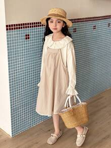 Dazy Kids Bộ trang phục thường ngày cho bé gái tuổi teen: áo sơ mi cổ bẻ cài một hàng khuy, tay áo bèo nhún và váy yếm, thích hợp cho kỳ nghỉ hè. - Màu be - Xem 3