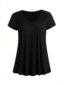 SHEIN PETITE Petite V-Neck Curved Hem Casual Versatile Slim Fit Dress - Black - View 1
