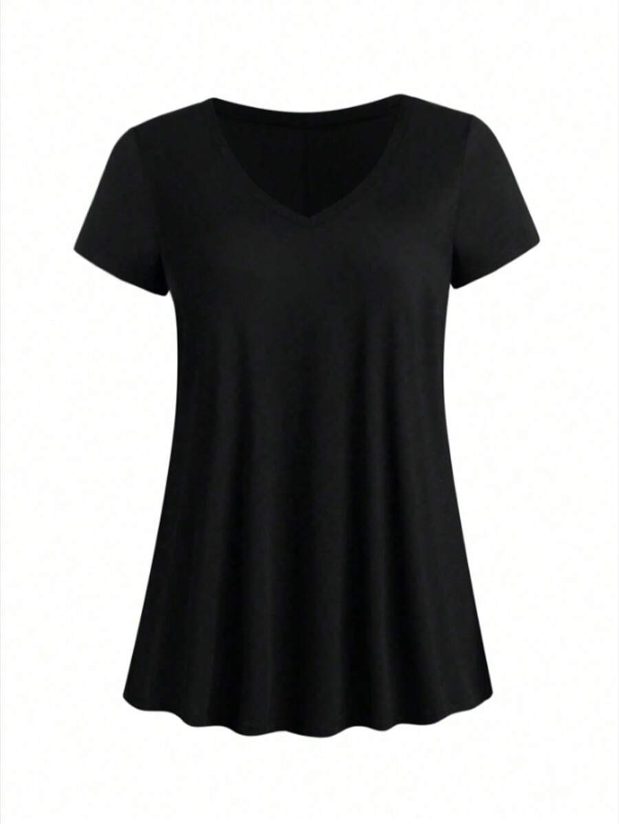 SHEIN PETITE Petite V-Neck Curved Hem Casual Versatile Slim Fit Dress - Black - View 1