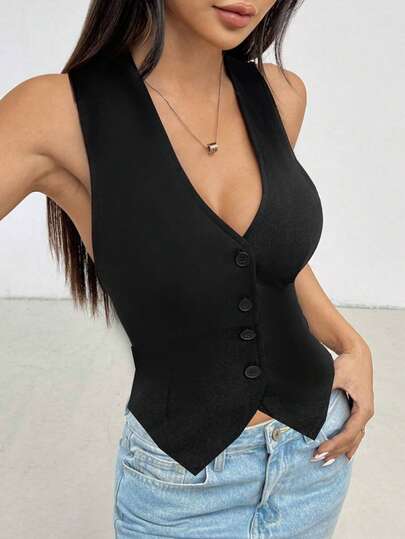 SHEIN PETITE 秋冬季休闲纯色针织V领无袖修身女士背心