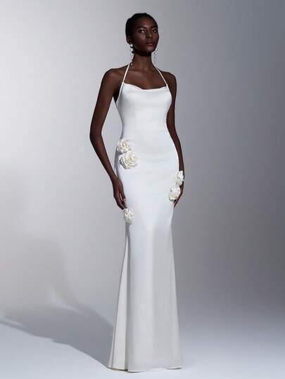 Elitara 优雅简约奶油色缎面吊带褶皱设计性感露背3D立体花卉装饰修身半身裙，伴娘礼服，鸡尾酒会礼服