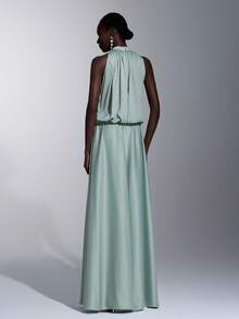 Elitara Elegant Floral Halter Neck Backless A-Line Bridesmaid Dress, Light Green & Yellow - Green - View 3