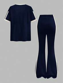 Retro Striped Outfit, Mini Bow Design, Tween Girl Casual Minimalist Black & Cream White Striped Loose Crew Neck Short Sleeve T-Shirt And Flare Pants 2 Piece Set, Suitable For Summer - White - View 2