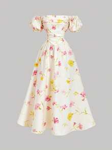 SHEIN MOD 复古印花露肩泡泡袖褶皱长裙——正式礼服、舞会礼服，完美适用于浪漫场合、度假、海滩、约会、野餐、派对、节日和生日；浪漫复古宫廷风格 - 彩色 - 查看 2