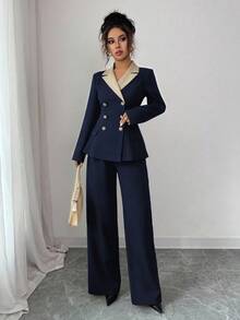 Elenzga Bộ vest dáng chữ A dài tay màu tương phản thanh lịch dành cho nữ, thích hợp mặc hàng ngày, đi làm và nhiều dịp khác nhau, mùa xuân/thu - Màu xanh hải quân - Xem 6