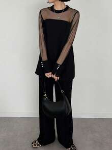 FRIFUL Women's Solid Black Mesh Patchwork Casual Versatile 2 Pieces Set - Black - View 1