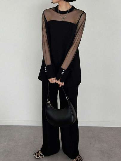 FRIFUL Women's Solid Black Mesh Patchwork Casual Versatile 2 Pieces Set