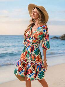 Sylviya 女士休闲树叶印花沙滩连衣裙，度假 - 彩色 - 查看 6