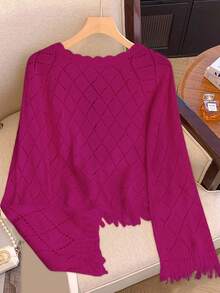 Franclia Blogger-Inspired Stylish Colorblock Lace-Up Hollow Floral Fringe Pullover Sweater, European & American New Arrival - Hot Pink - View 2