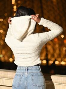 Mima John Women's New Autumn And Winter Solid Color Long-Sleeved Short Casual Hooded Plush Jacket - White - View 2