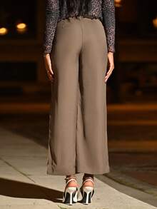 Mima John Celana Wanita Longgar Kasual dengan Patchwork Renda - Coffee Brown - View 2
