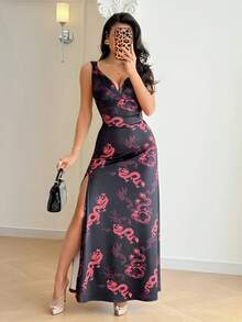 SHEIN Raffinéa Women's Black And Red Printed Deep V-Neck Slip Dress,Long Slit Fitted Summer Vacation Outfits,Elegant Party Night Wedding Guest Casual Dresses - Red and Black - View 4